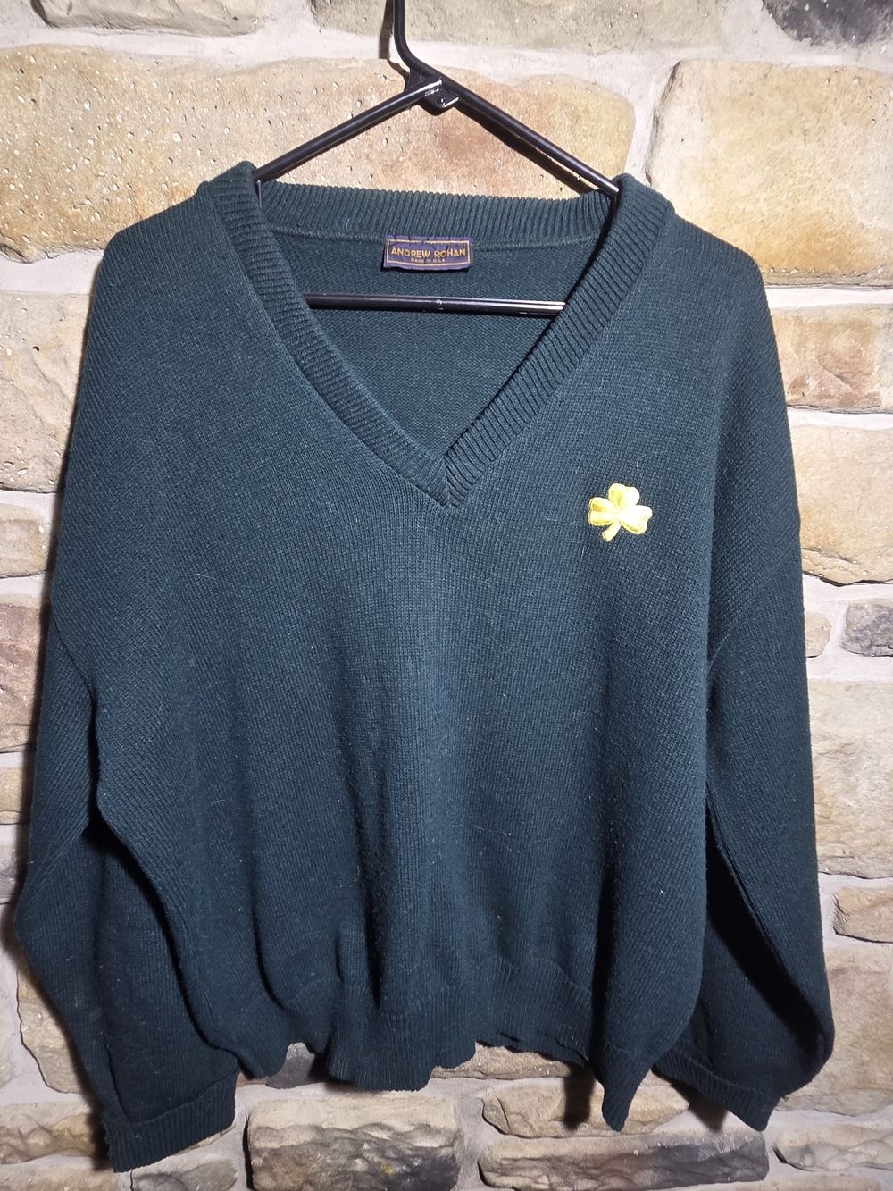 Vintage Andrew Rohan Shamrock V-Neck Sweater Men’s XL Green Made in USA Knit